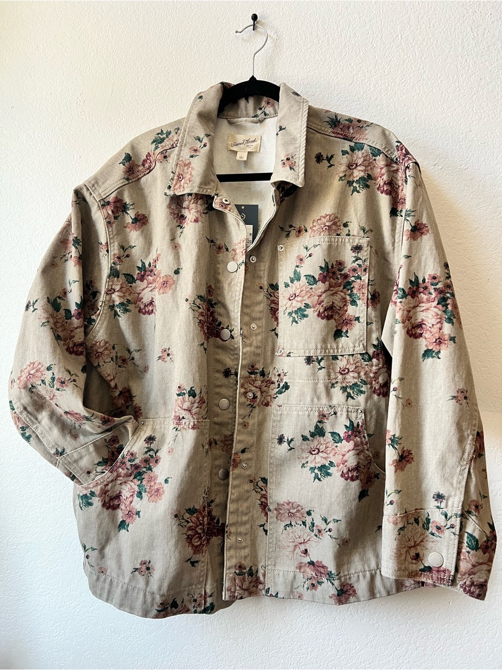 Floral Beige Jean Jacket with Pink Blossoms. 
Slightly oversized. Great for fall - Picture 3 of 11